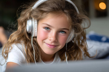 Young girl enjoying music indoors while wearing headphones and smiling happily