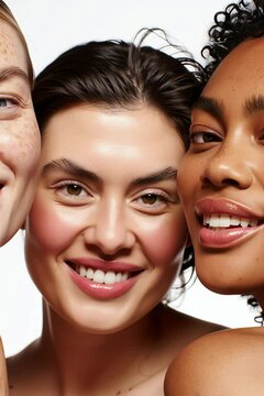 close-up of 3 confident diverse woman&rsquo;s faces with different skin tones, visible skin texture glossy lips,peachy bluss minimal makeup