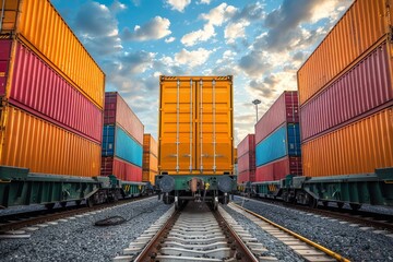 Obraz premium Colorful shipping containers stacked along railway tracks under a dramatic sky at a bustling transport terminal