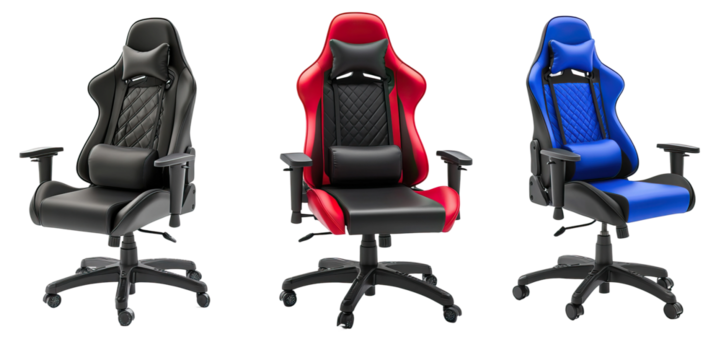 Set of gaming chairs - ergonomic black, red, and blue gaming chairs isolated on white background