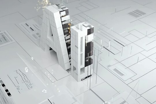 the 3D letters 'AI' are made up of graphs and spreadheet elements and stand in a white limbo environment