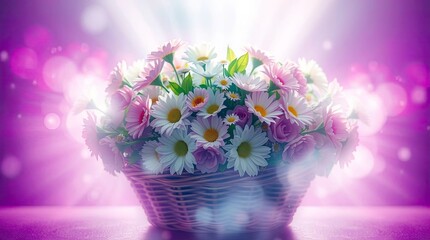 A basket of flowers evokes a spiritual and ethereal feel. An aura of light surrounds the flowers in a striking area, creating a mystical feel.