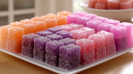 Candy Cubes on Display: A colorful assortment of perfectly cubed candies, each a vibrant jewel of flavor, arranged meticulously on a clean plate, tempting taste buds with their sugared allure.
