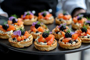Delicious gourmet tarts with fresh ingredients served at a culinary event in the city
