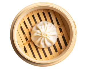 Steamed Dumpling in Open Bamboo Steamer Top View Isolated on Transparent Background PNG