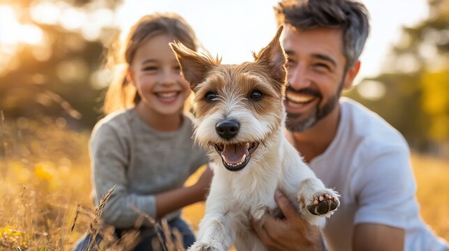 Happy family and dog outdoors in autumnal field