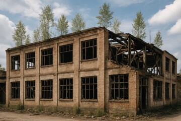 Abandoned industrial facility with overgrown vegetation on the roof, resulting from theft and vandalism
