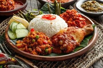 Flawless Visual of Nasi Padang with Rendang, Curried Fish, and Fried Chicken