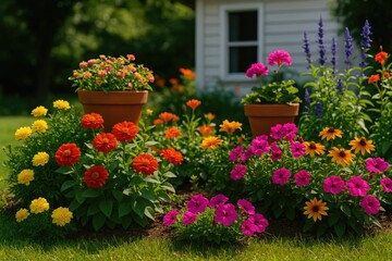 Vibrant Blossoms Flourishing in a Garden and Container Pots