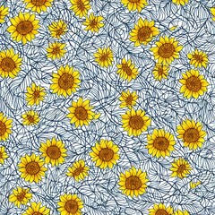 Seamless floral pattern with bright yellow sunflowers and daisies, evoking the beauty of a summer garden or sun-drenched field