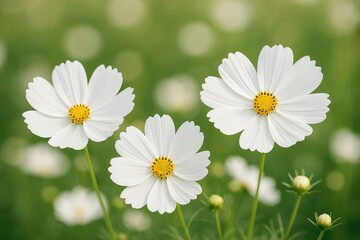 Obraz premium Blooming cosmos flowers against a gentle blurred garden backdrop