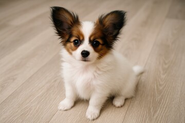 Adorable Papillon puppy resting on the ground