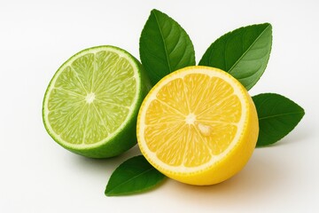 Fresh green leaves alongside sliced citrus fruits on a white background