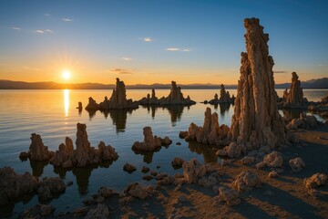 Unique Tufa formations along the shoreline of a high-altitude lake in the eastern region