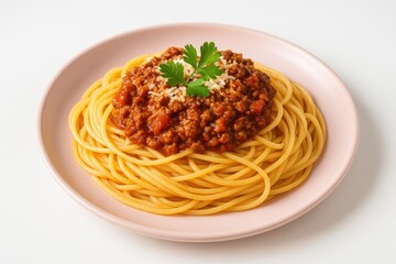 Tasty spaghetti bolognese presented on a pink dish
