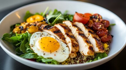 Protein rich clean food with grilled chicken, eggs, quinoa, leafy greens