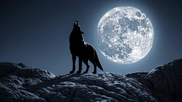 A black wolf is standing in front of a full moon. The wolf is looking up at the moon and he is howling
