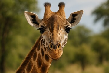 Naklejka premium Detailed view of an elegant giraffe showcasing striking black eyes