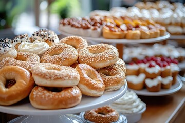 A tempting display of assorted bagels with cream cheese and toppings, served on a breakfast table