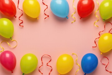 Flat lay of vibrant balloons on a pink backdrop