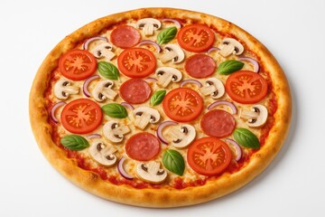 Mouthwatering hot pizza slice on a plain white surface, detailed close-up