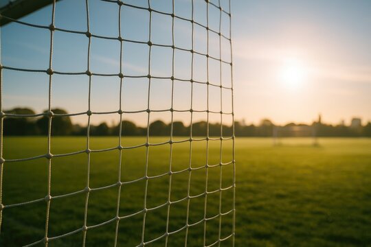 Morning sunlight illuminating a soccer goal net in close-up