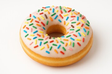 White background featuring a single sugar-coated donut on a cup