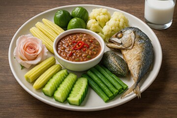 Spicy Mackerel with Fried and Boiled Vegetables in Thai Cuisine