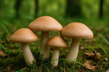 Close-up of fungi in a woodland setting highlighting natural edibles and potential toxins, emphasizing plant-based nutrition during summer outdoor activities.