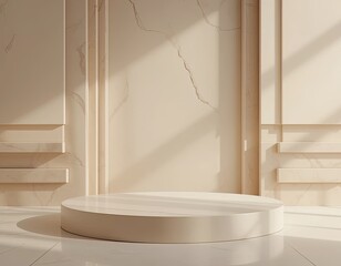 Fototapeta premium Minimal cream podium with marble wall and sunlight shadows in classic interior, elegant neutral tone background for product display in soft architectural setting