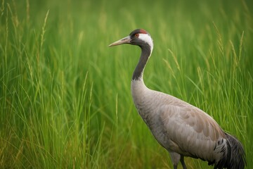 Obraz premium A crane nestled amidst tall grasses