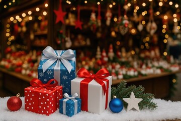 Holiday presents and ornaments available for purchase