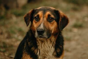 Intimate close-up of a forlorn stray dog with vibrant fur outdoors