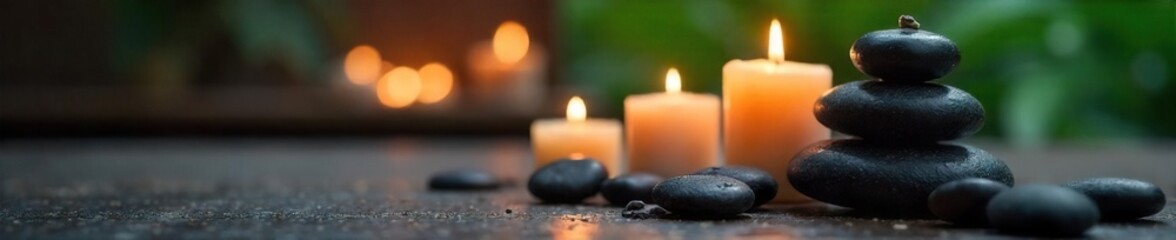 Serene Spa Ambiance Flickering Candlelight Illuminates Smooth Stones and Aromatic Oils, Creating a Peaceful Atmosphere Perfect for Wellness and Self-Care