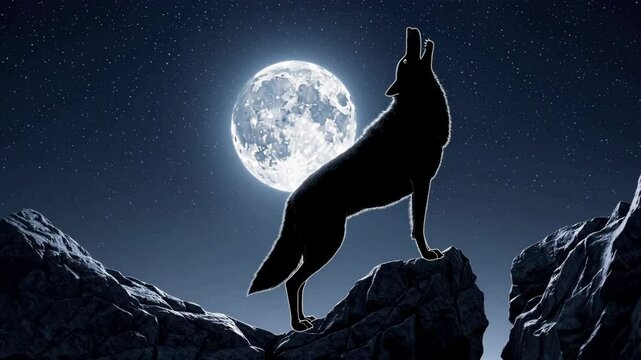 A black wolf is standing in front of a full moon. The wolf is looking up at the moon and he is howling