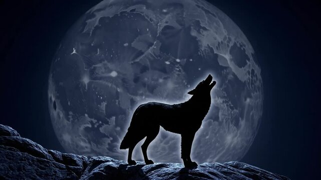 A black wolf is standing in front of a full moon. The wolf is looking up at the moon and he is howling