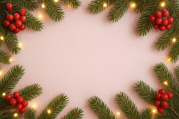 Festive frame featuring pine, rowan berries, and shimmering gold lights on a soft pink backdrop