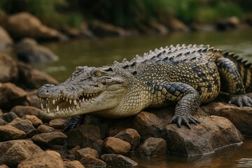 Obraz premium Reptile poised on riverbank, ready to strike