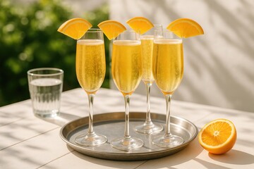 Sunlit tray featuring sparkling wine glasses garnished with orange slices