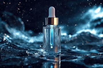 A transparent beauty ampoule Clean futuristic glowing serum inside hyper-realistic textures modern minimal packaging design floating in a zero-gravity scene