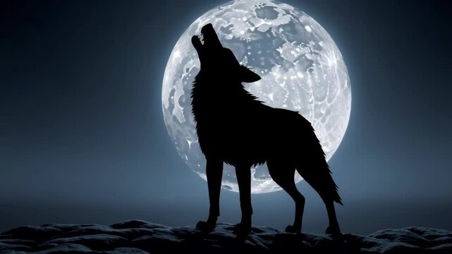 A black wolf is standing in front of a full moon. The wolf is looking up at the moon and he is howling