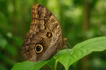 Fototapeta premium Detailed view of an Owl butterfly resting on a lush green leaf