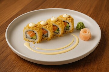 Modern Sushi Creation with Crispy Toppings and Rich Mayonnaise, Stylishly Presented on a Wooden Surface
