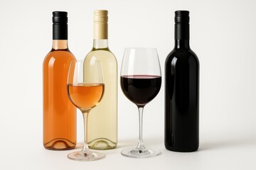 Detailed view of three wine containers and two glassware on a plain white backdrop