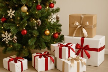 Festive holiday scene featuring a decorated pine and wrapped presents