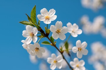 Fototapeta premium Detailed shot of vibrant cherry blossoms in full bloom under a clear blue sky