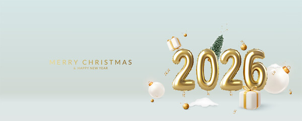 Christmas and New Year greeting card with gold balloons number 2026