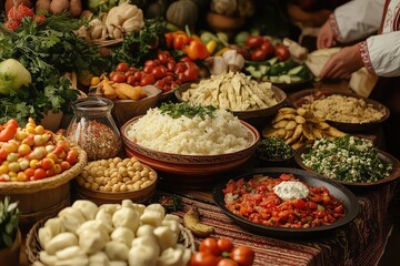 Obraz premium A variety of ethnic dishes displayed on a table, showcasing global cuisine from different cultures