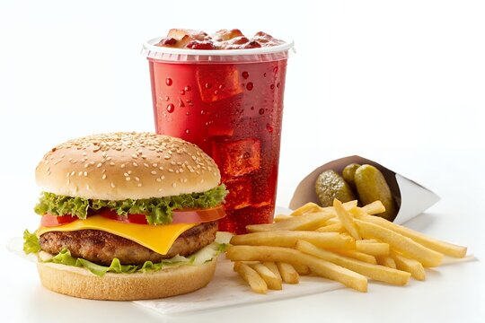 A delicious fast food meal featuring a sesame seed bun hamburger with lettuce tomato and cheese served with french fries and a cold beverage