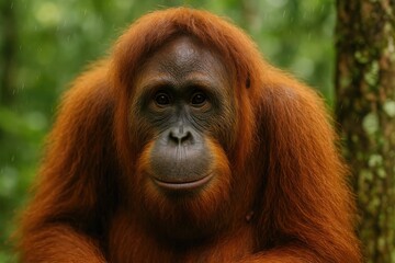 Fototapeta premium Detailed view of an orangutan with a blurred background